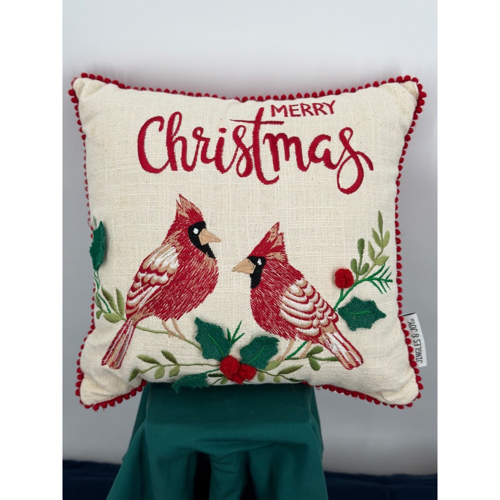 Jingles & Joy Merry Christmas Cardinal Embroidered Throw Pillow Red Pom Pom 11"